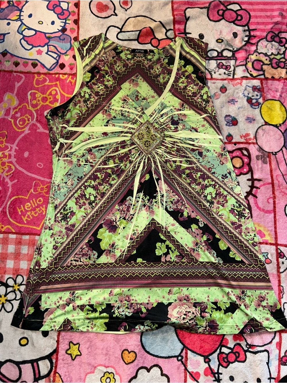 Apt. 9 Green and Brown Geometric Floral Tank Top